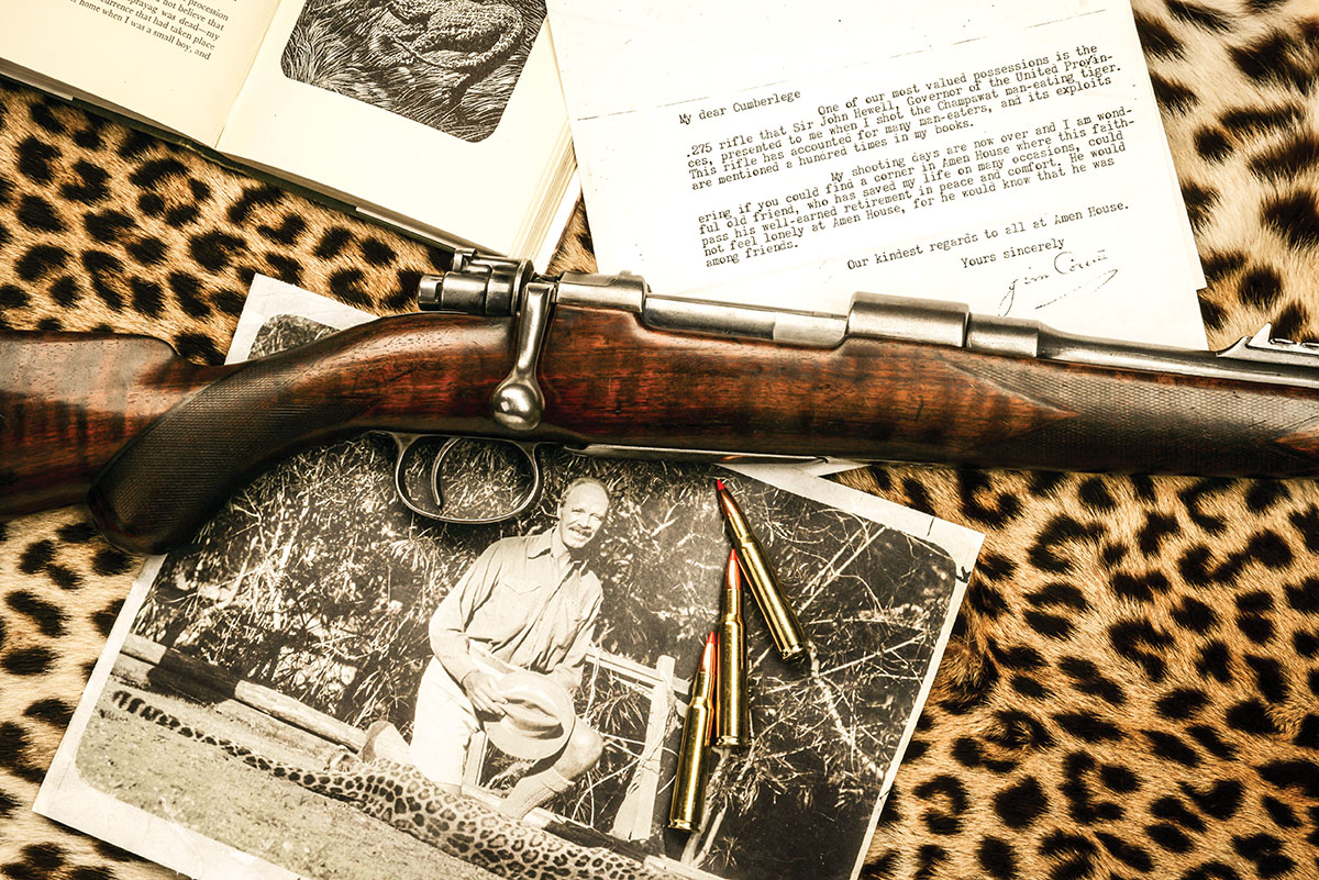 Corbett memorabilia, including the Rigby rifle chambered in 275 Rigby (7x57). Corbett did not put the rifle on display and he never shot it. (Photo courtesy of John Rigby & Co.)